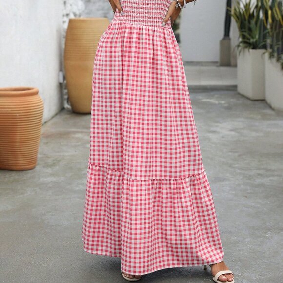 Multicolor Boho Women's Elegant Houndstooth Print Dress With Spaghetti Straps - Picture 6 of 7